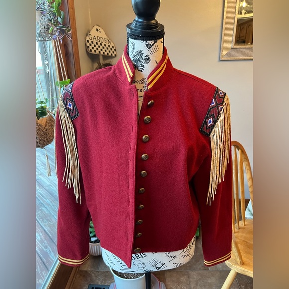 Double D Ranch Jackets & Blazers - VINTAGE Double D Ranch Western Military Festival Fringe Beaded Wool Red Jacket